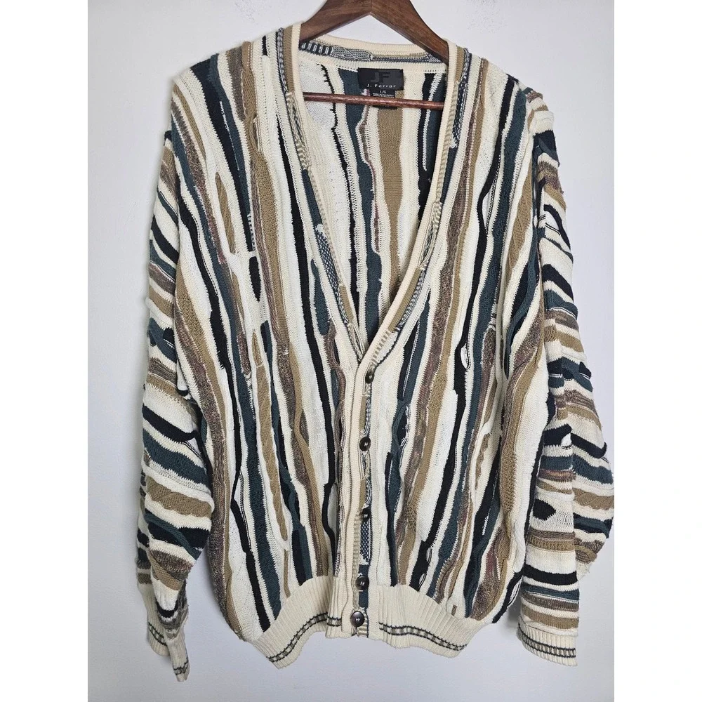[Grandpacore] J. Ferrar 3D Knit Cardigan Mens Large  Green Striped Coogi Style